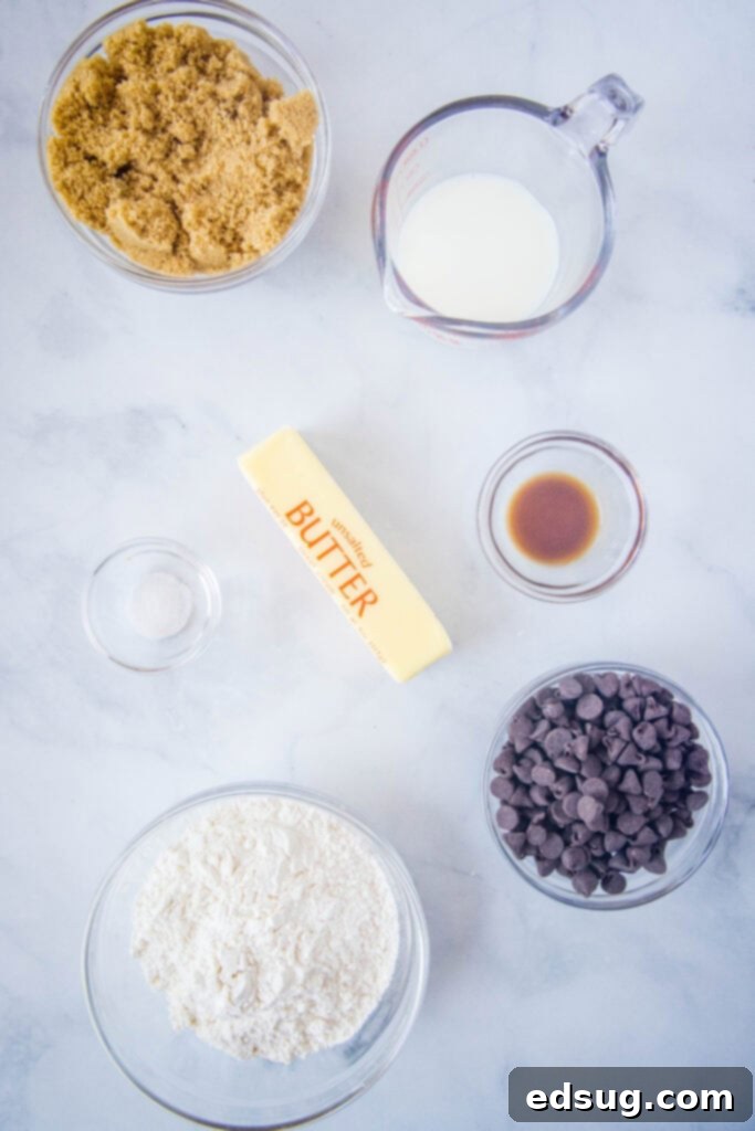 Ingredients for cookie dough frosting neatly laid out on a clean white surface, including softened butter, brown sugar, vanilla extract, salt, heat-treated all-purpose flour, milk, and semi-sweet chocolate chips.