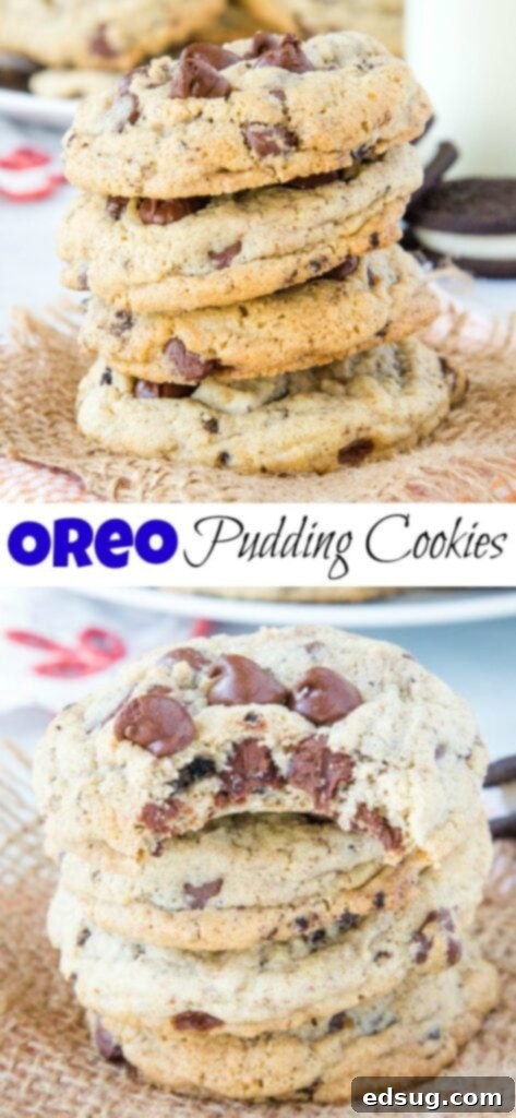 Decadent Oreo Pudding Cookies 7 A stack of cookies on a plate, with Cookie and Pudding