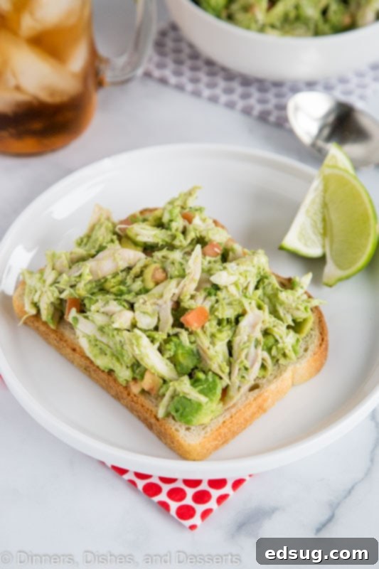 Creamy Avocado Chicken Salad 5 Toasted bread topped generously with a creamy, no-mayo chicken salad made with avocado.