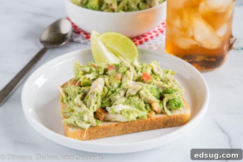 Creamy Avocado Chicken Salad 6 Horizontal shot of avocado chicken salad, ready to be served.