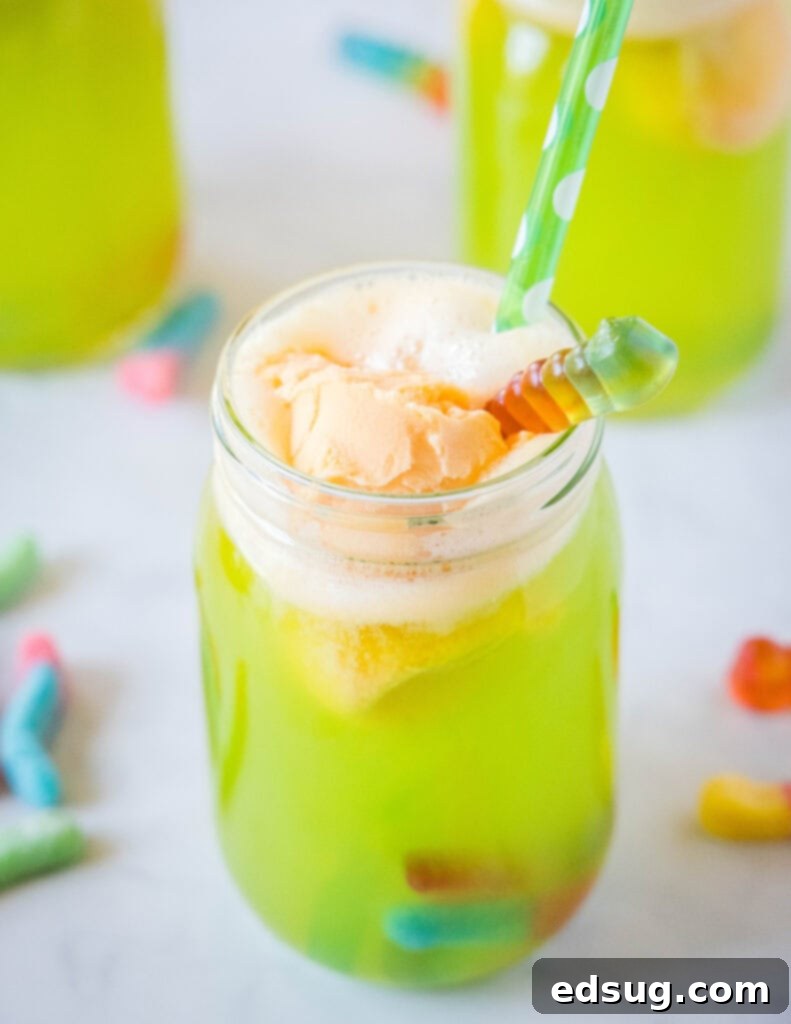 Cauldron's Whisper 3 halloween drink for kids with sherbet and gummy worms