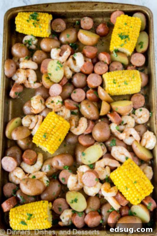 sheet pan with corn, shrimp, sausage, potatoes
