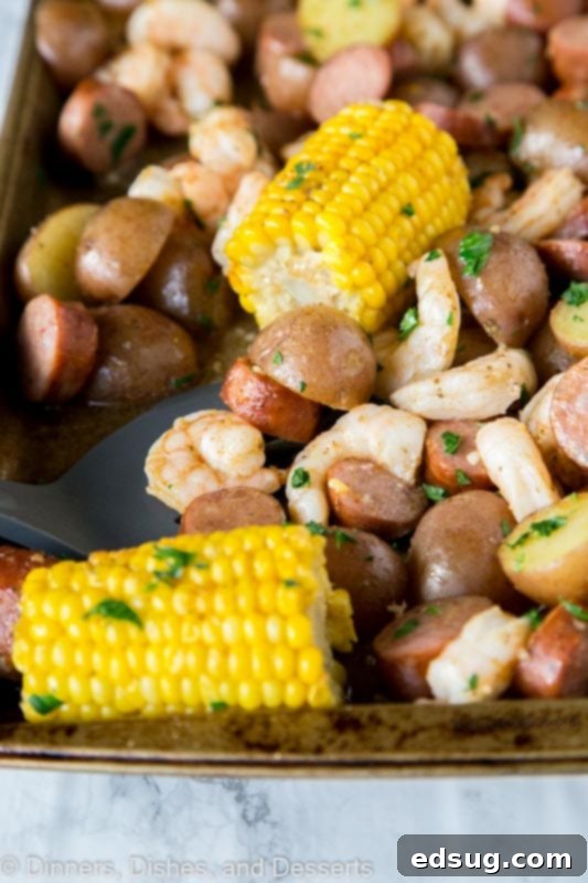 sheet pan with corn, shrimp, sausage, potatoes