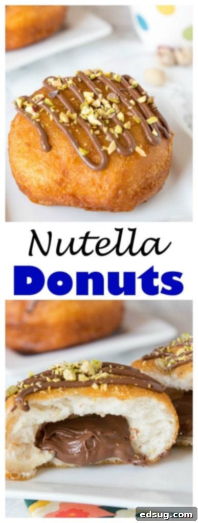 A close-up vertical shot of a Nutella donut, highlighting its golden-brown texture and the vibrant green pistachios, with a generous Nutella drizzle.