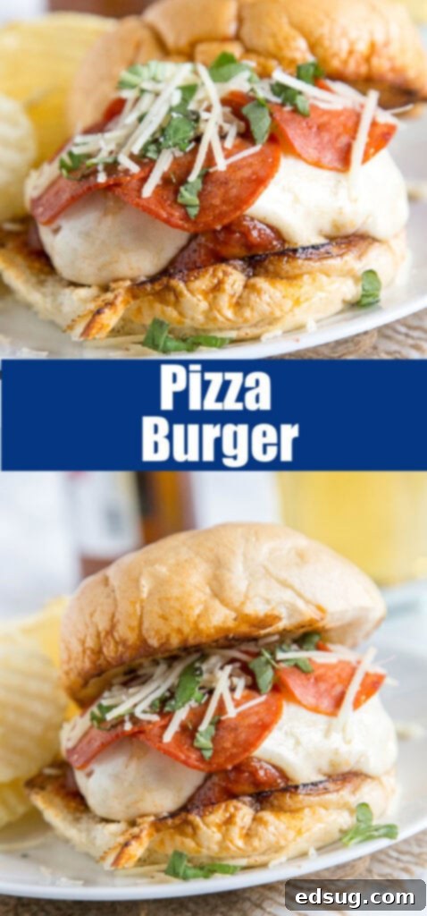 Pepperoni Pizzaburger 6 A close-up shot of a finished pepperoni pizza burger, highlighting the melted cheese, pepperoni, and fresh basil garnish.