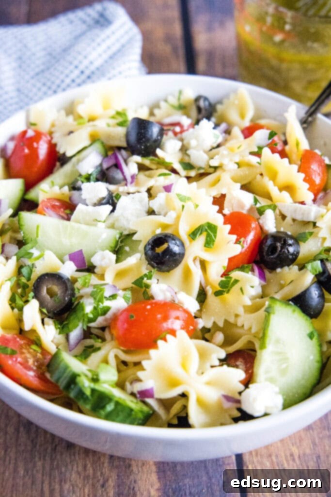 Zesty Greek Pasta Salad 2 pasta salad mixed together in a bowl