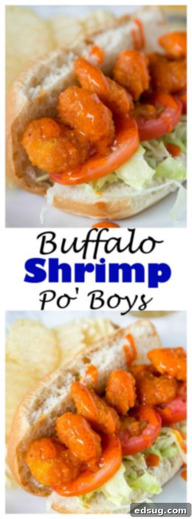 A beautifully plated Buffalo Shrimp Po' Boy, artfully arranged with a side of creamy blue cheese dressing, enhancing the visual appeal of this spicy seafood sandwich, ready to be enjoyed.