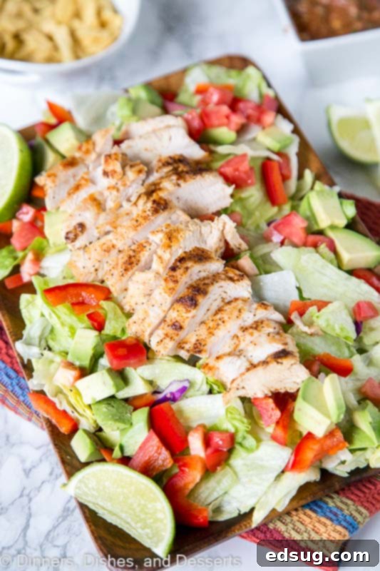 A beautifully plated Chicken Fajita Salad, showcasing vibrant colors from the grilled chicken, fresh peppers, onions, and avocado.