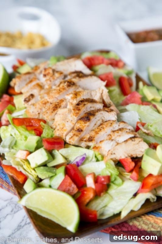 A close-up of the fully assembled Chicken Fajita Salad, highlighting the fresh, vibrant ingredients and the appealing textures.
