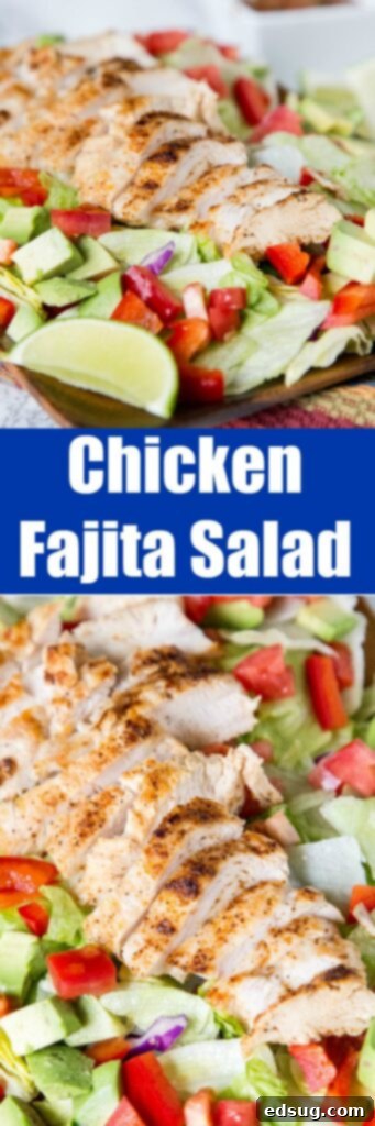 A stunning vertical shot of Chicken Fajita Salad, packed with grilled chicken, colorful bell peppers, red onion, creamy avocado, and a vibrant salsa vinaigrette dressing, perfect for a healthy and satisfying meal.