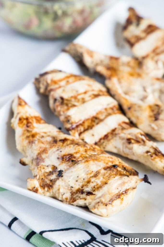 Perfectly grilled chicken breast on a white plate, ready to be topped with fresh salsa.