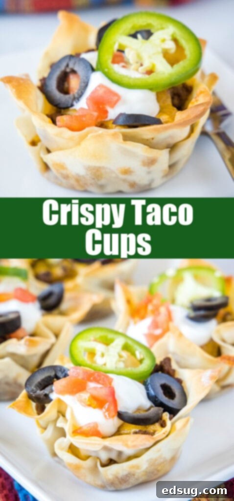 A close-up shot of several perfectly golden and filled wonton taco cups, arranged appealingly for a Pinterest graphic, highlighting their crisp texture.