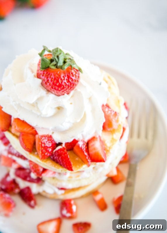 Dreamy Strawberry Shortcake Pancakes 3 Have strawberry shortcake for breakfast with these over the top delicious pancakes, stacked high and ready to eat!