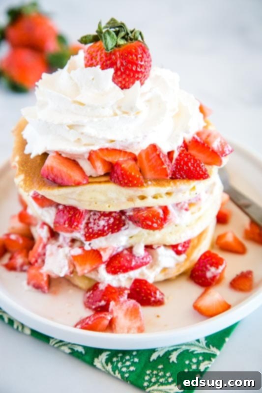 Dreamy Strawberry Shortcake Pancakes 5 Pancakes are a great weekend breakfast idea, beautifully topped with fresh strawberries and creamy whipped cream.