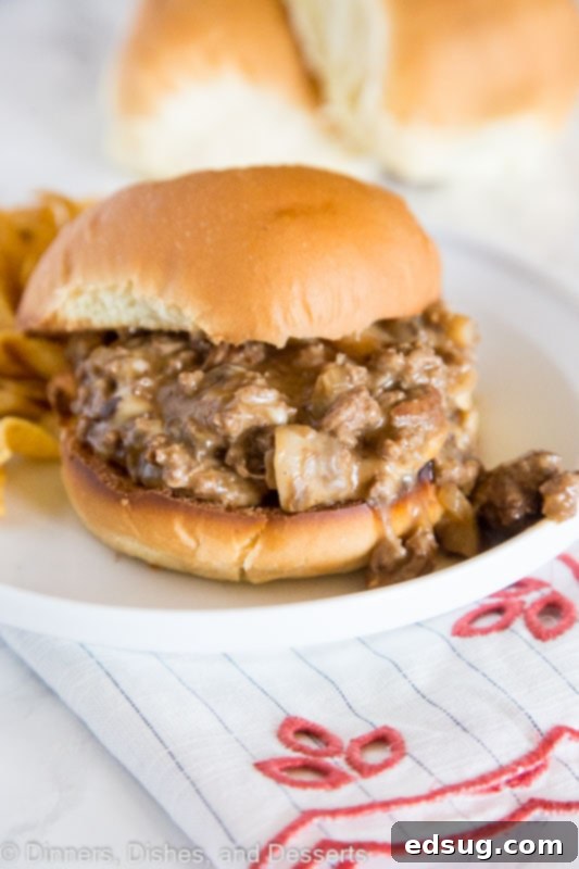 Loaded Philly Cheesesteak Sloppy Joe 3 Close-up of the delicious Philly Cheesesteak Sloppy Joe filling cooking in a skillet
