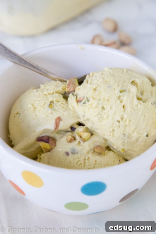 Close-up of a bowl of homemade pistachio ice cream, showing its natural off-white color and flecks of ground pistachios, ideal for scoops or cookie sandwiches
