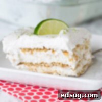 Close up shot of a slice of key lime icebox cake on a plate