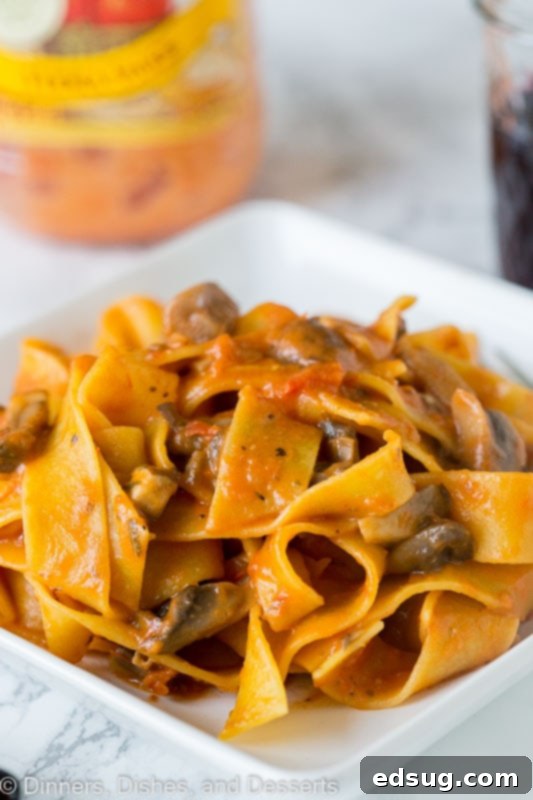 Earthy Mushroom Pappardelle 2 A close up of pasta with a mushroom tomato sauce