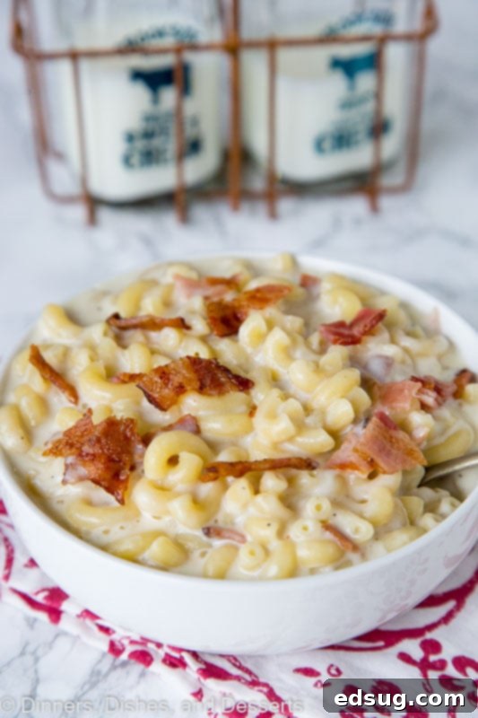 A bowl of macaroni and cheese with pieces of bacon
