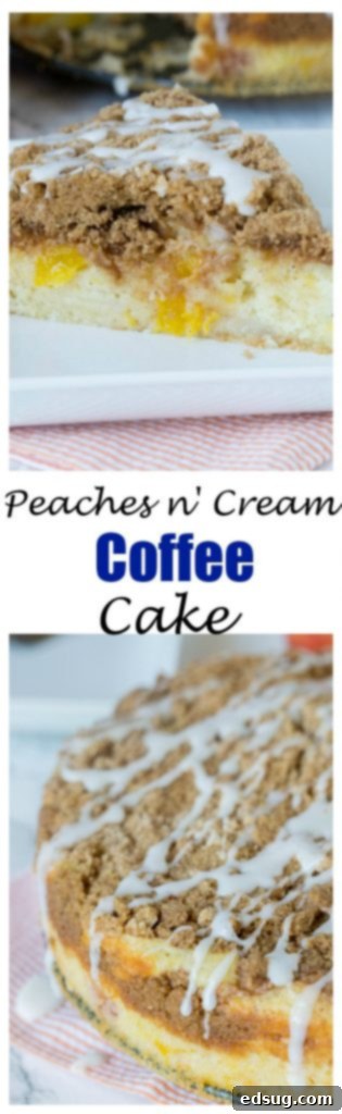 Dreamy Peaches and Cream Coffee Cake 5 A close-up of a generous slice of peaches and cream coffee cake with a thick layer of vanilla glaze, ready to be enjoyed.