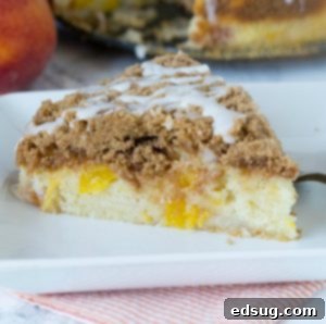Dreamy Peaches and Cream Coffee Cake 6 Peaches and Cream Coffee Cake - Fresh peaches add a bright, delicious twist to classic coffee cake, perfect for any occasion! Topped with streusel and vanilla glaze.