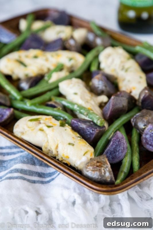 Crispy Roast Chicken and Potatoes 2 chicken, green beans and purple potatoes on a baking tray