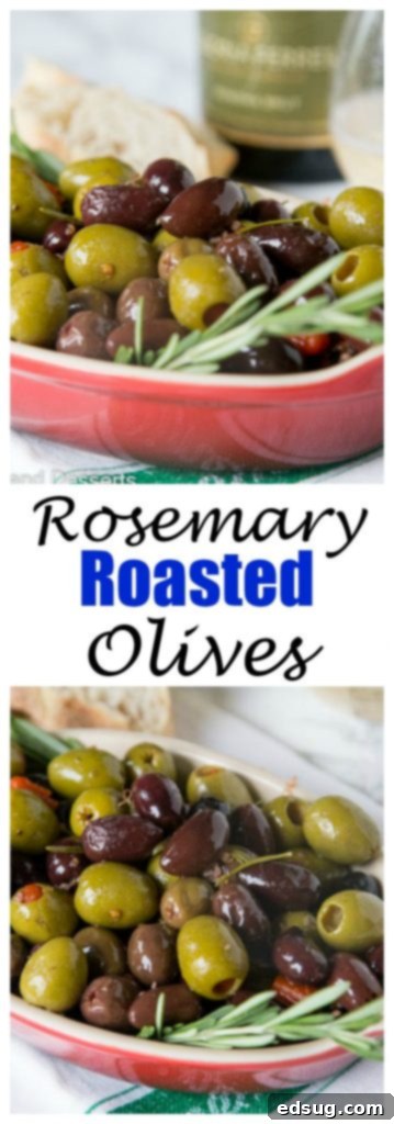 A bowl of rosemary roasted olives with a sprig of rosemary and a glass of wine, ready for a gathering.