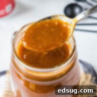 Close up of a spoon pulling out a spoonful of BBQ sauce from a jar