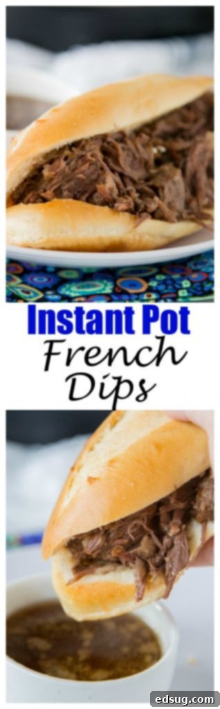 Melt-in-Your-Mouth Instant Pot French Dip Sandwiches 5 A sandwich cut in half on a plate, with French dip and Dinner