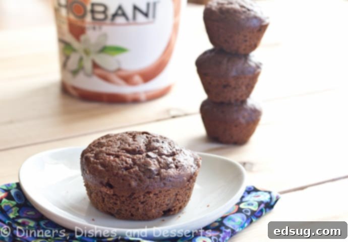 A beautifully arranged stack of moist double chocolate Chobani muffins on a white plate, showcasing their rich brown color, delicate texture, and visible chocolate chips, ready to be enjoyed for breakfast or a snack.