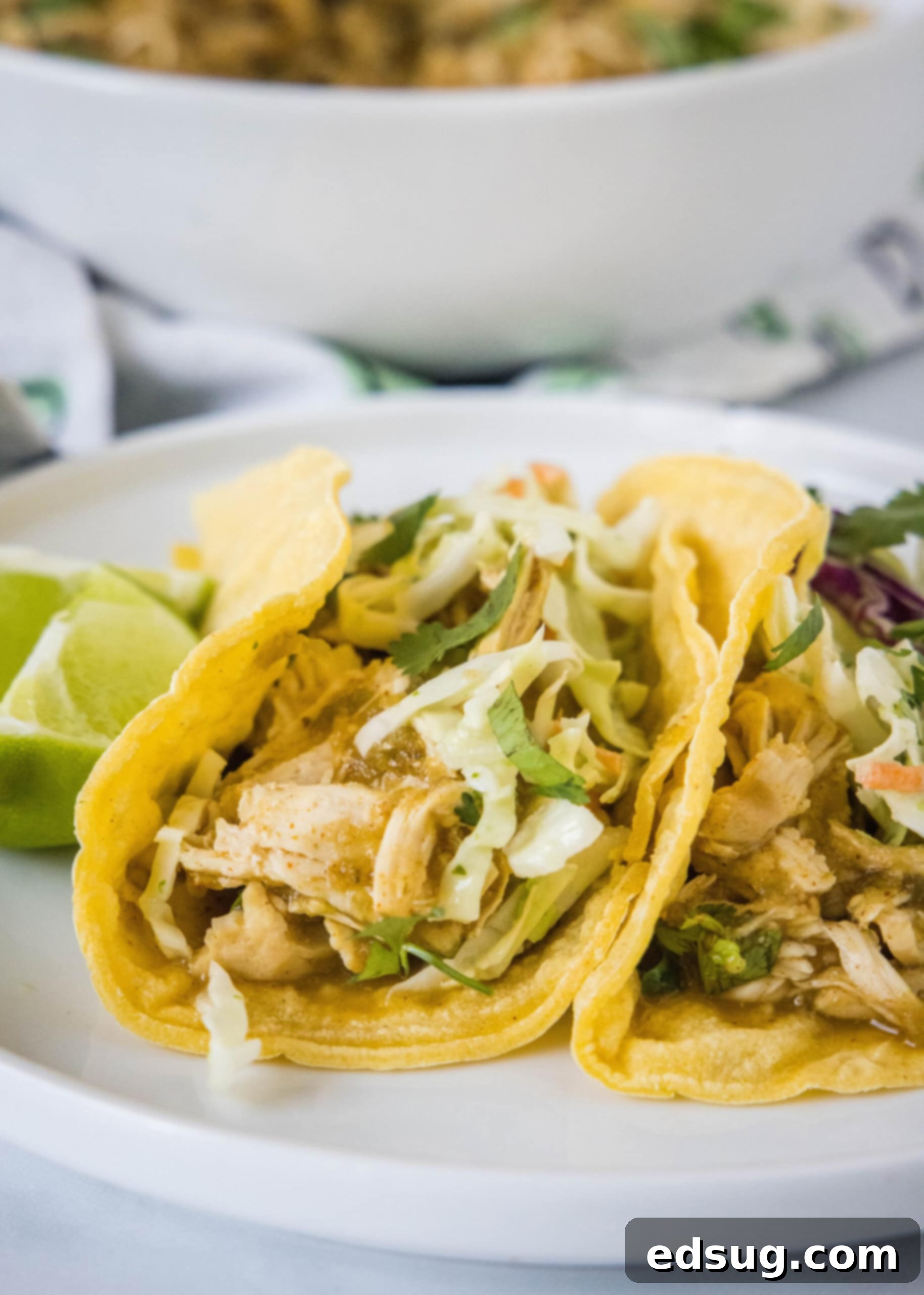 Learn how to cook juicy, flavorful salsa verde chicken in the Instant Pot with just two ingredients, a few spices, and 30 minutes! Two perfectly styled salsa verde chicken tacos on a white plate, ready to be enjoyed.