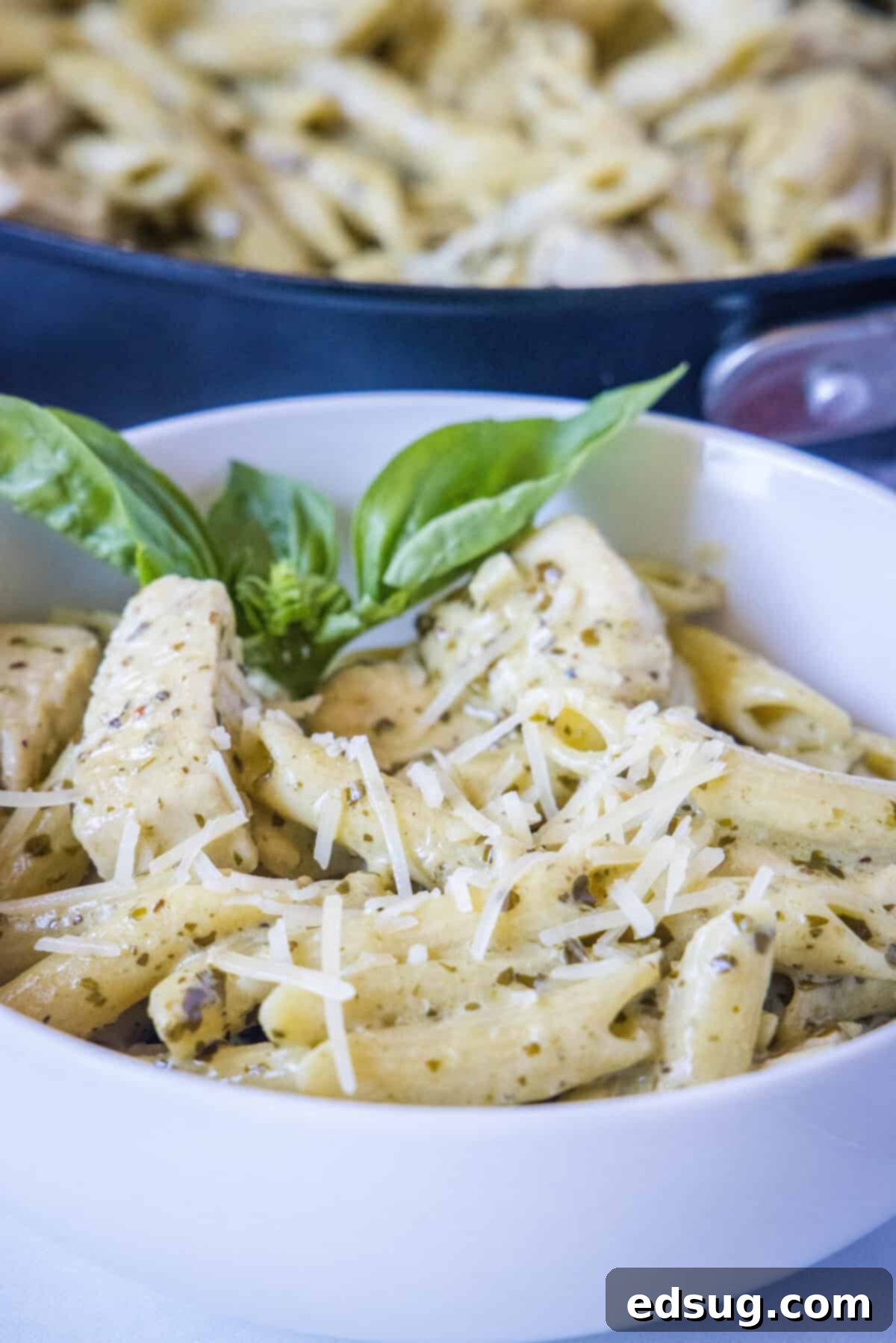 white bowl with chicken pesto pasta, garnished with fresh basil