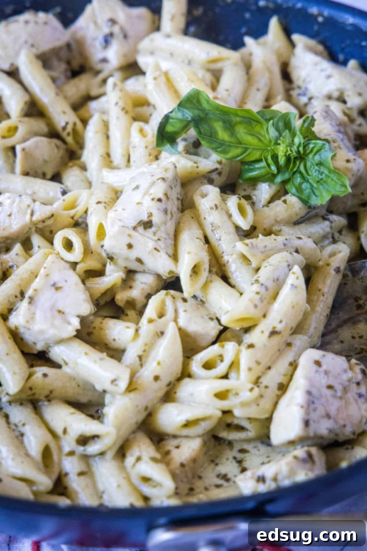 chicken pesto pasta in skillet, ready to serve