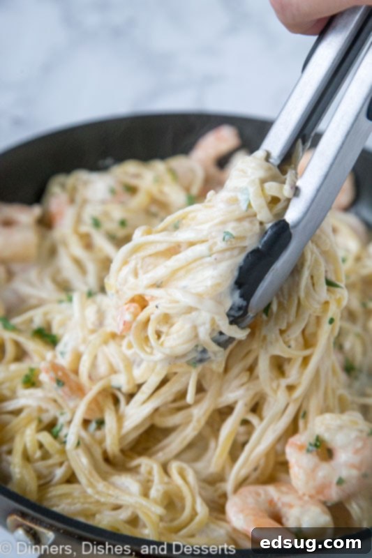 A delicious and easy One-Pan Fettuccine Alfredo with Shrimp, ready for your next romantic date night in or simple weeknight meal.