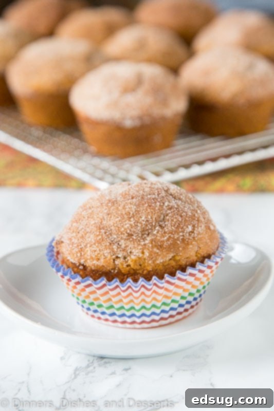 Close-up of a single cinnamon pumpkin muffin, showing the delicate crumble of the cinnamon sugar topping.