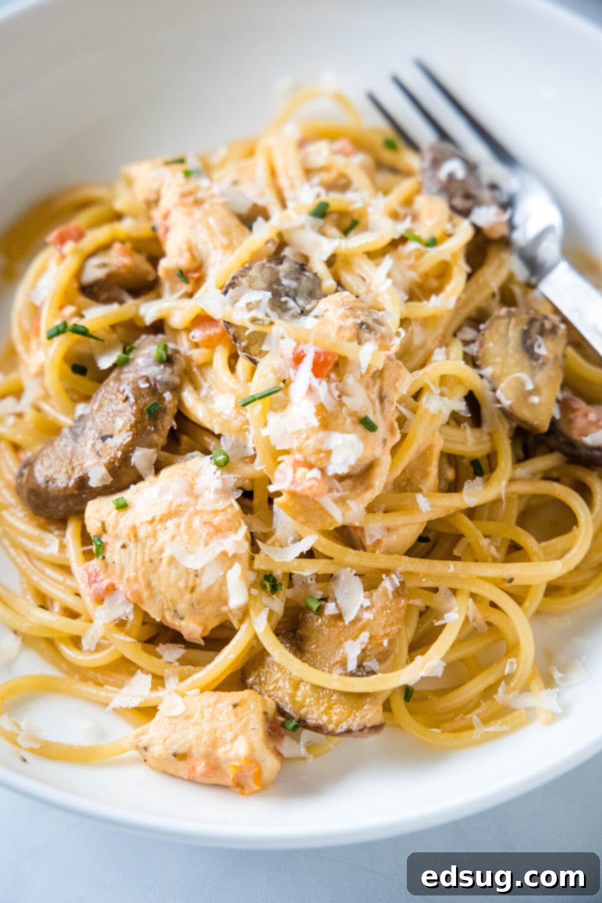 Creamy Tuscan Chicken Pasta 2 Close-up overhead shot of a plate of creamy Tuscan chicken pasta topped with fresh parsley and grated Parmesan cheese, ready to be enjoyed.