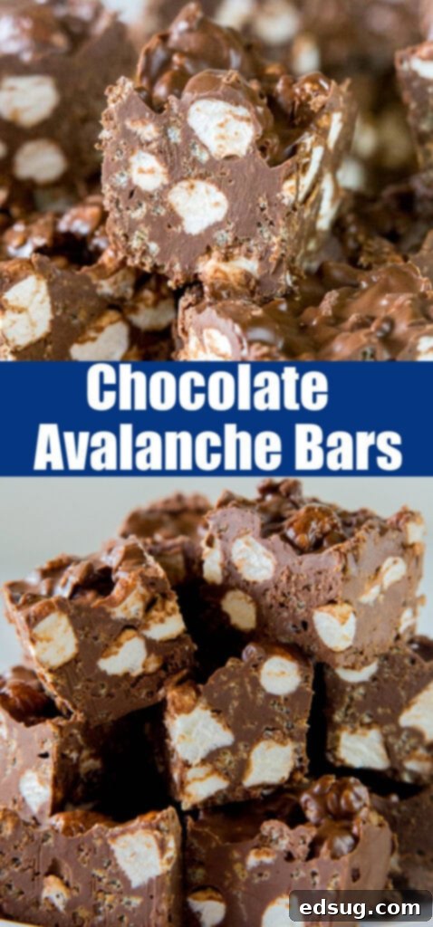 Decadent Chocolate Avalanche Bars 4 Close up shot of sliced Chocolate Avalanche Bars, showcasing the texture of marshmallows, rice crisps, and rich chocolate.