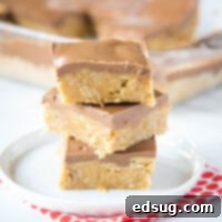 cropped in peanut butter oatmeal bars with chocolate frosting stacked on a plate