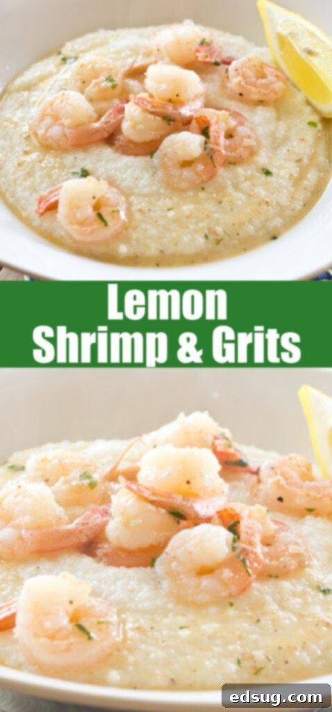 Close-up of lemon shrimp over creamy grits, highlighting the texture and bright sauce.