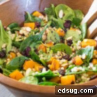 Fall Couscous Salad - Israeli couscous, spinach, butternut squash. cranberries and pecans all tossed with a balsamic vinaigrette. Great fall salad for the holidays, potlucks, or just because.