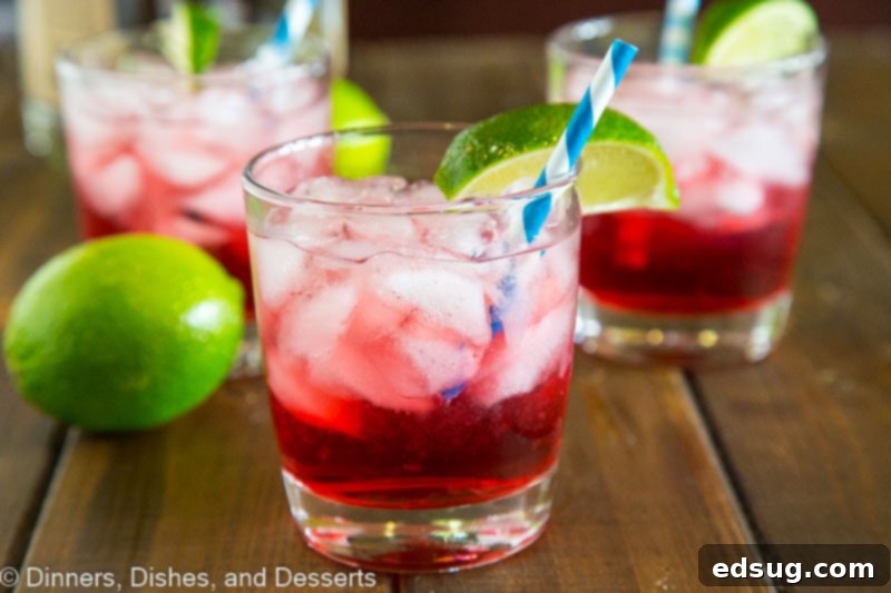 Close-up of a refreshing Vodka Cranberry cocktail, garnished with fresh lime wedges and ice.