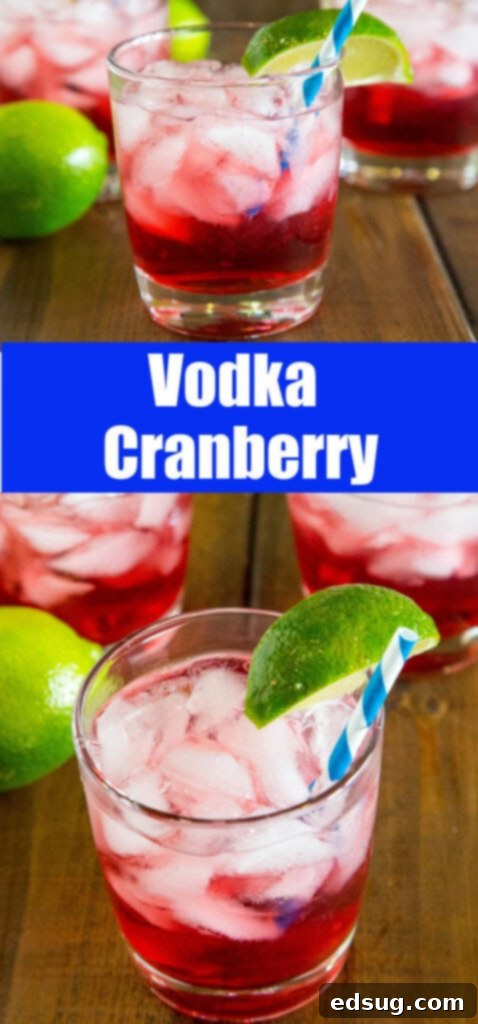 Single glass of Vodka Cranberry with ice and lime slice, ready to drink.