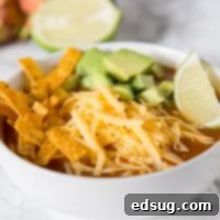 A close up tortilla soup topped with cheese
