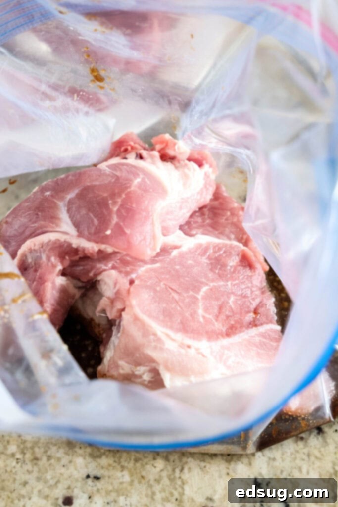 This easy char siu pork recipe is tender, juicy, and loaded with your favorite Chinese flavors like hoisin and five-spice powder.  Overhead view of an open plastic bag filled with pork shoulder and marinade