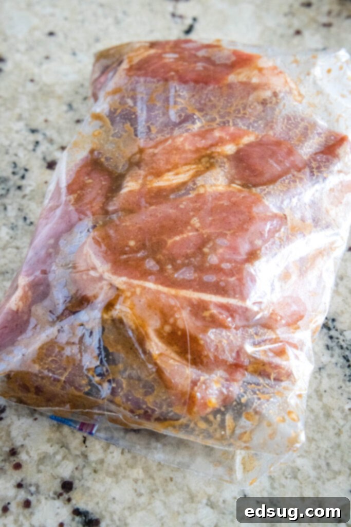 This easy char siu pork recipe is tender, juicy, and loaded with your favorite Chinese flavors like hoisin and five-spice powder.  A plastic bag filled with marinating pieces of pork