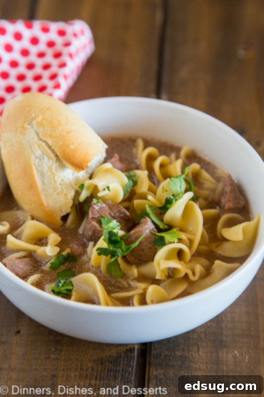 Hearty Beef Noodle Delight 2 Comforting Beef and Noodles Soup - a super easy crock pot recipe featuring tender beef, hearty noodles, and a rich, creamy broth, perfect for cold weather.