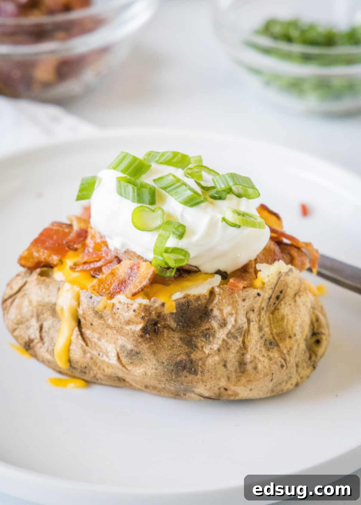 Ultimate Loaded Baked Potatoes 6 looking down on plate with a loaded baked potato