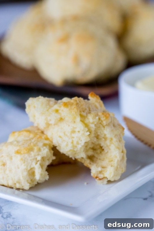 A plate featuring a freshly baked drop biscuit broken in half to reveal its fluffy interior, with a tray of other biscuits blurred in the background.