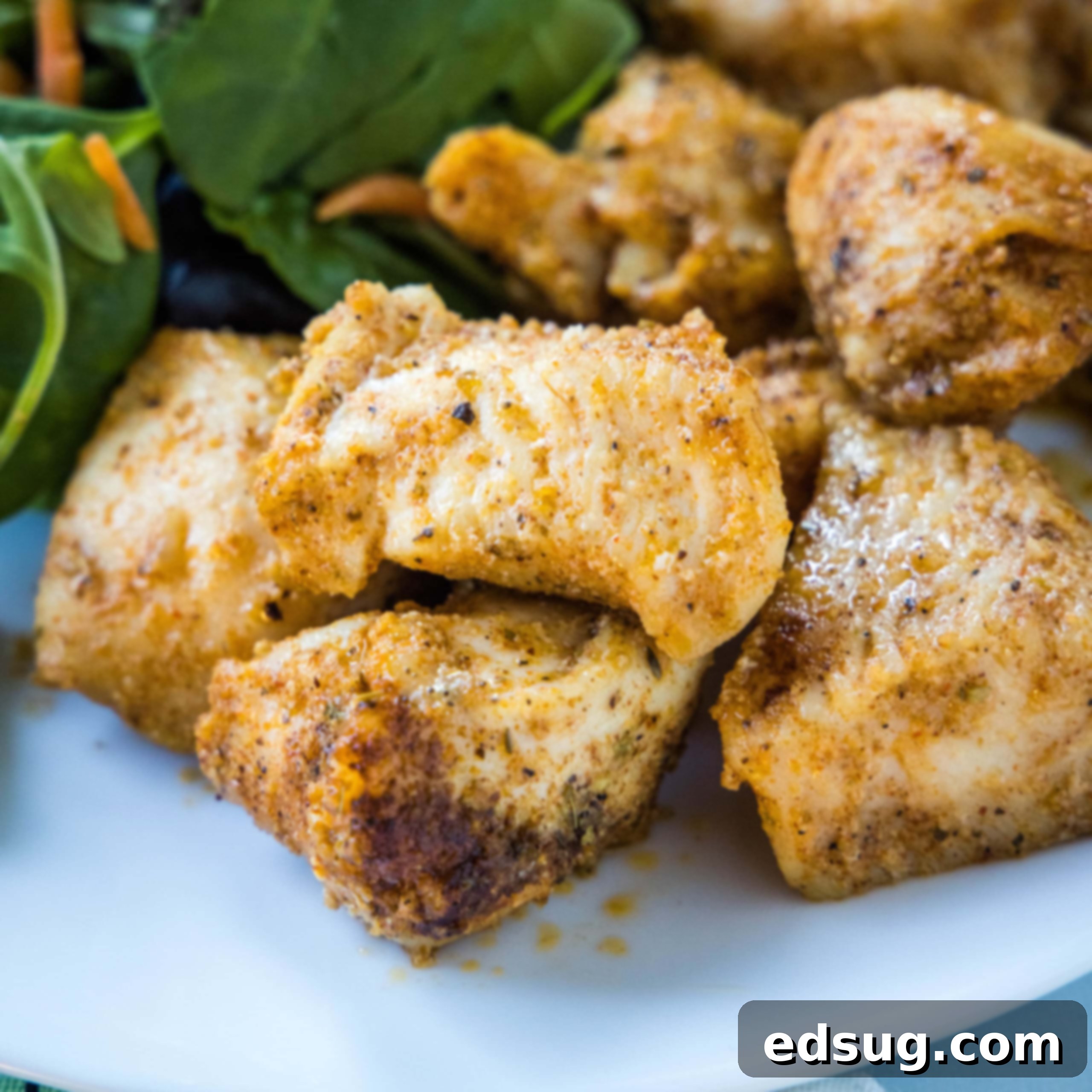 Close-up of perfectly baked chicken bites served next to a fresh green salad on a white plate.
