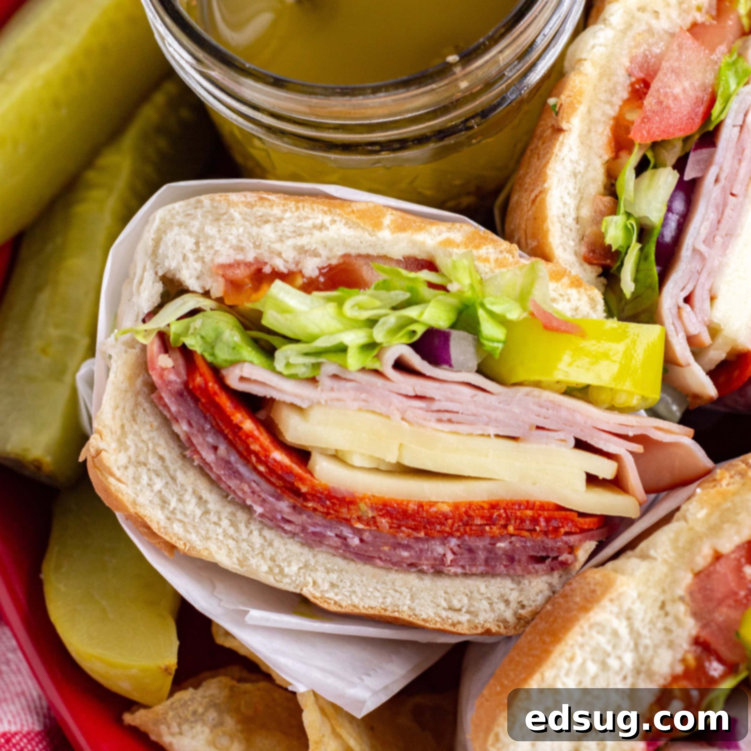 Close-up of two Italian Subs, generously filled with meats, cheese, and fresh toppings, cut in half and ready to serve.